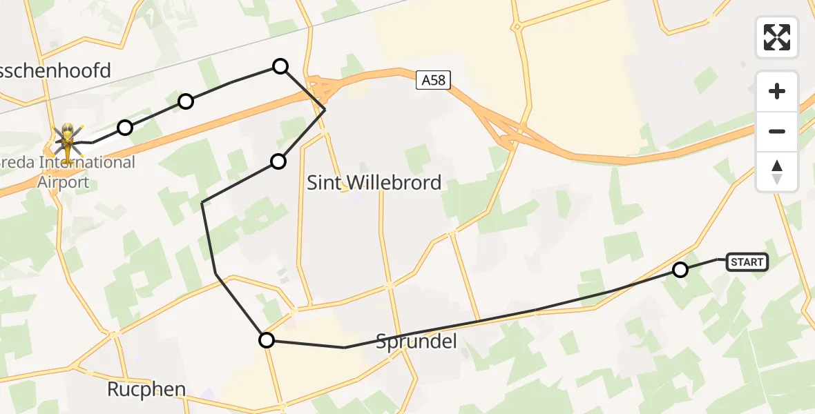 Vluchtroute Traumahelikopter Etten-Leur - Breda International Airport, 30 juli 2026, 09:58