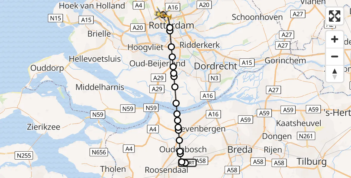 Vluchtroute Traumahelikopter Breda International Airport - Rotterdam The Hague Airport, 30 juli 2026, 10:16