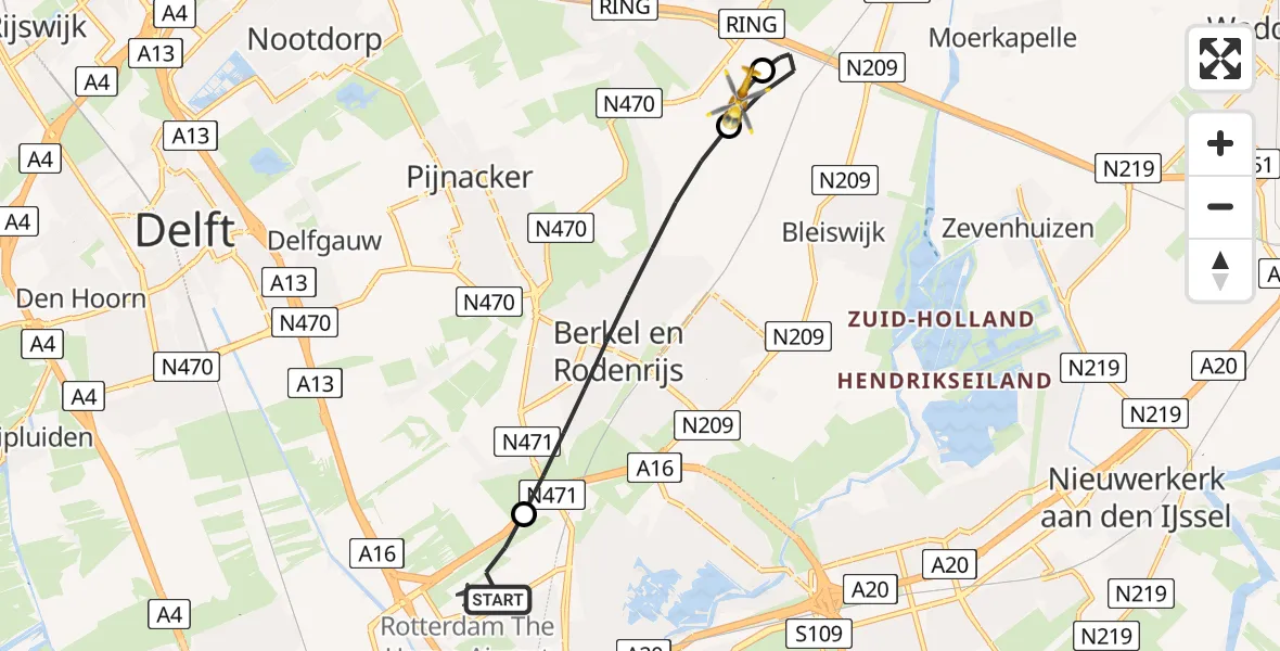 Vluchtroute Traumahelikopter Rotterdam The Hague Airport - Zoetermeer, 30 juli 2026, 10:49