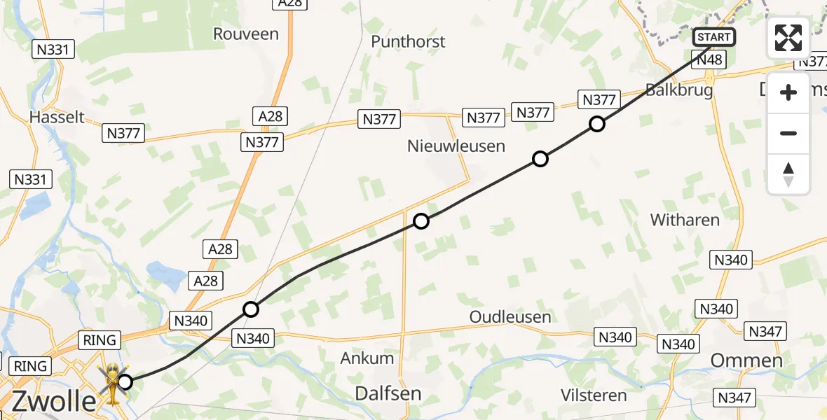 Vluchtroute Traumahelikopter Balkbrug - Isala Hospital Zwolle Heliport, 30 juli 2026, 10:53