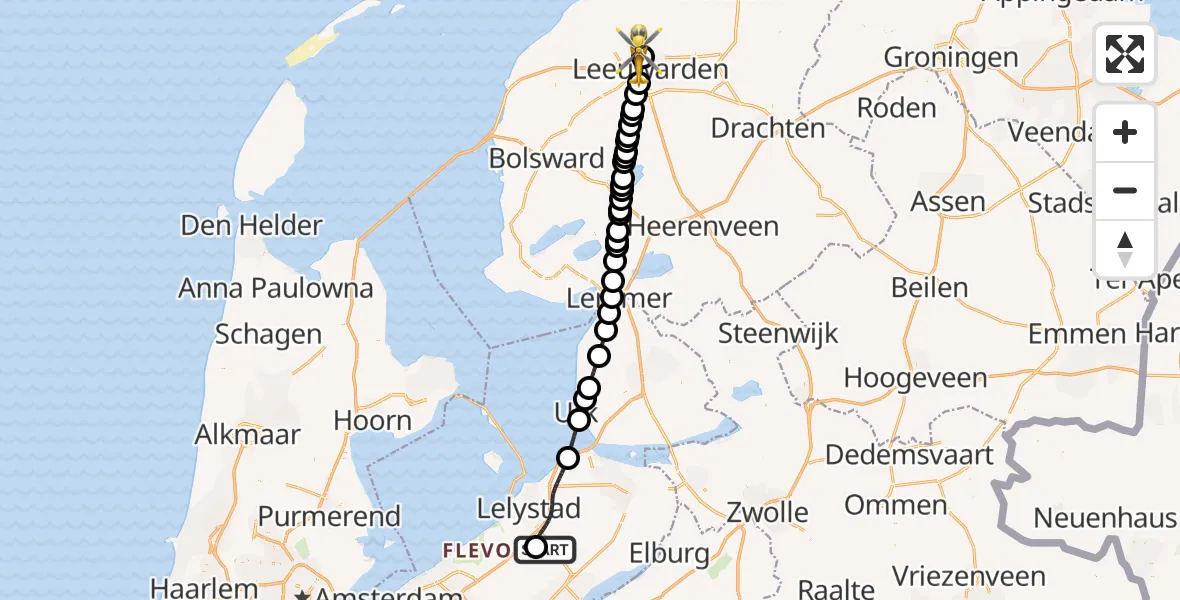 Vluchtroute Ambulancehelikopter Lelystad Airport - Vliegbasis Leeuwarden, 30 juli 2026, 10:57