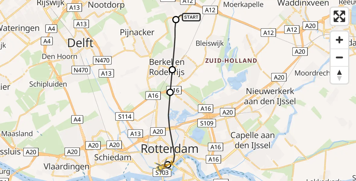 Vluchtroute Traumahelikopter Zoetermeer - Erasmus Medisch Centrum Heliport, 30 juli 2026, 11:35