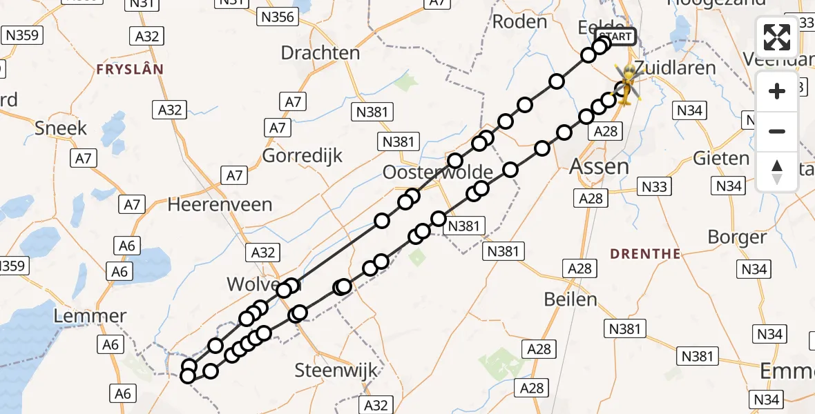 Vluchtroute Traumahelikopter Groningen Airport Eelde - Tynaarlo, 30 juli 2026, 12:53