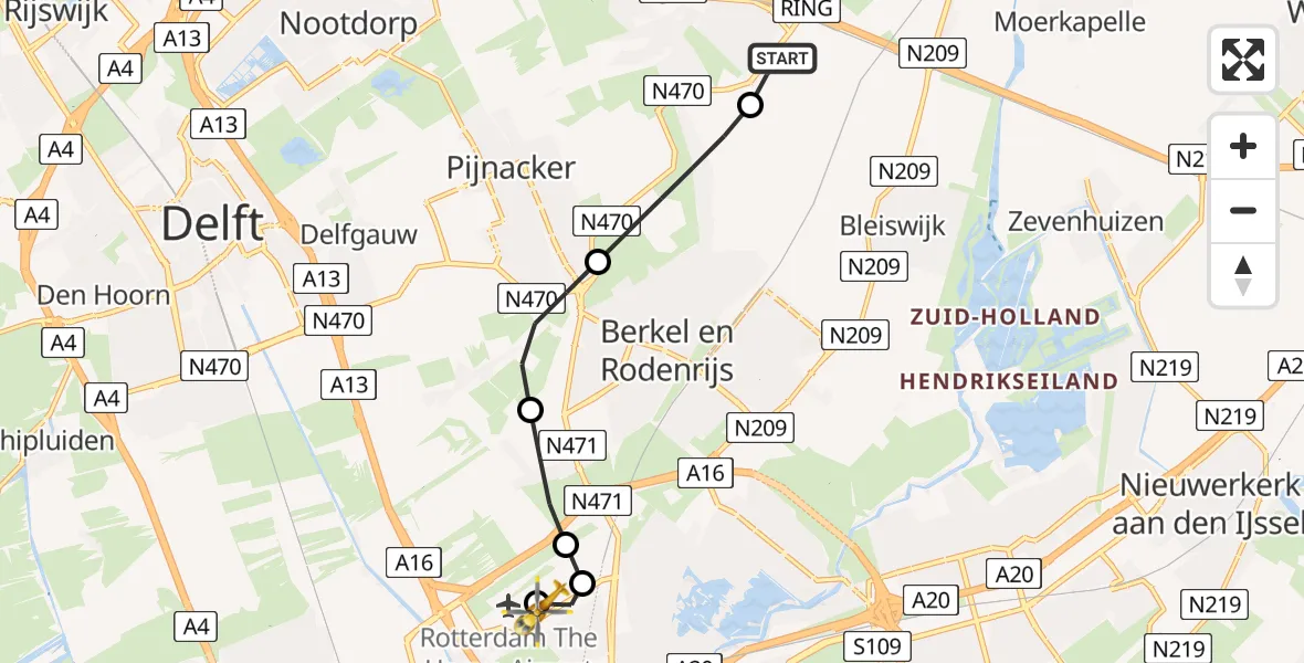 Vluchtroute Traumahelikopter Zoetermeer - Rotterdam The Hague Airport, 30 juli 2026, 12:53
