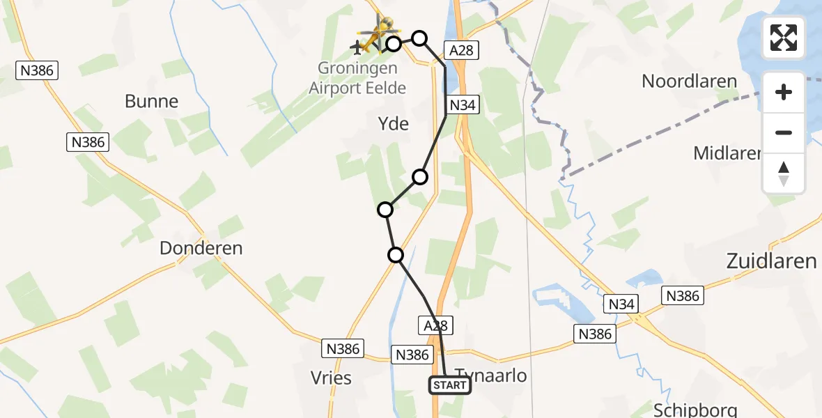 Vluchtroute Traumahelikopter Tynaarlo - Groningen Airport Eelde, 30 juli 2026, 13:43