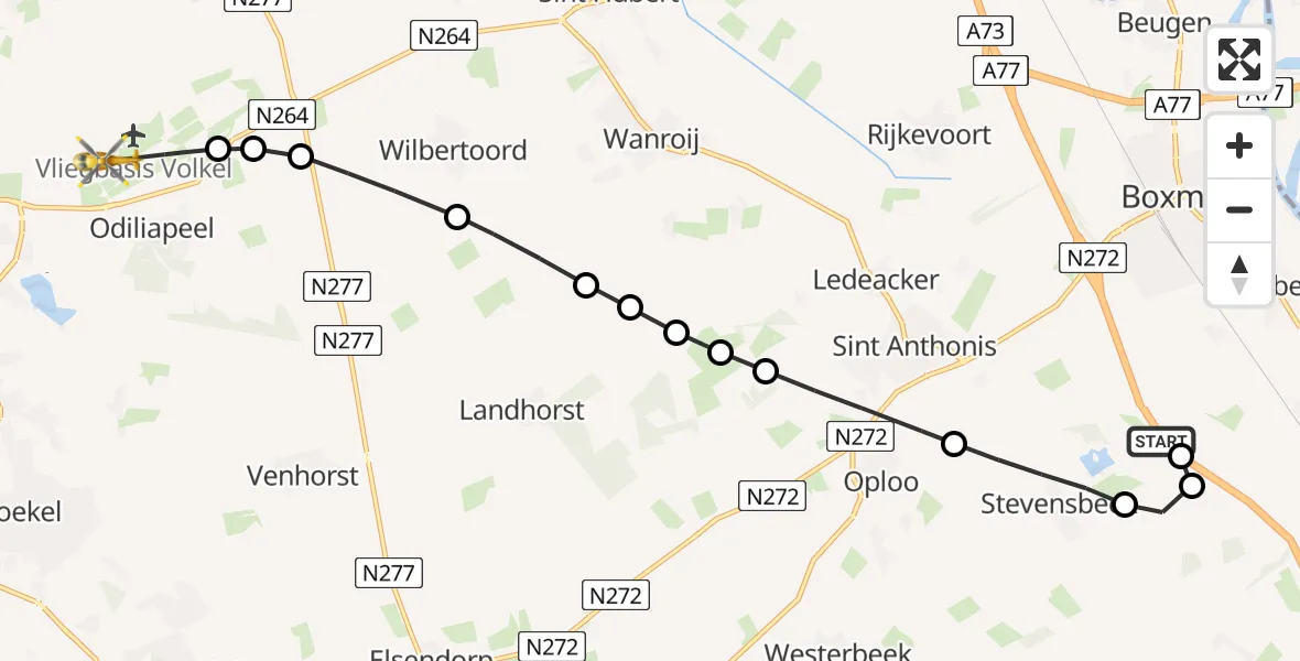 Vluchtroute Traumahelikopter Sambeek - Vliegbasis Volkel, 30 juli 2026, 14:10