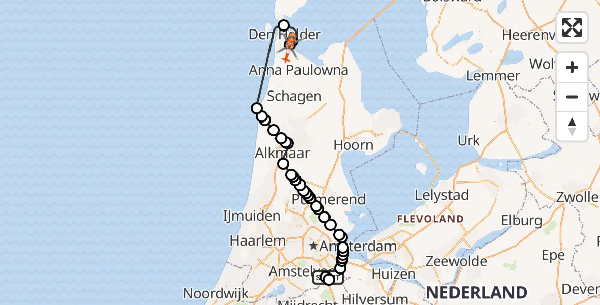 Vluchtroute Kustwachthelikopter Amsterdam UMC Helipad - Militair vliegveld De Kooy / Den Helder Airport, 30 juli 2026, 14:13
