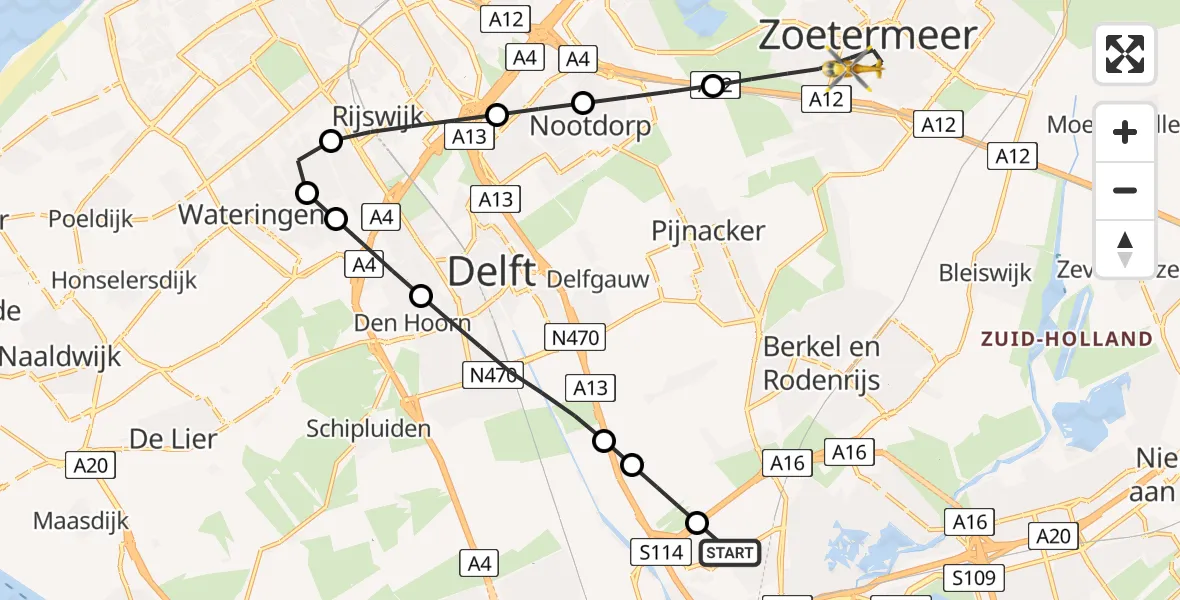 Vluchtroute Traumahelikopter Rotterdam The Hague Airport - Zoetermeer, 30 juli 2026, 15:32