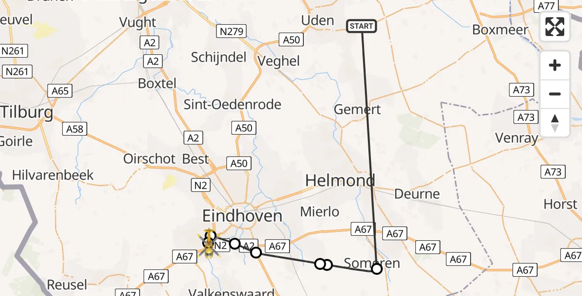 Vluchtroute Traumahelikopter Vliegbasis Volkel - Maxima Medisch Centrum Heliport, 30 juli 2026, 16:24