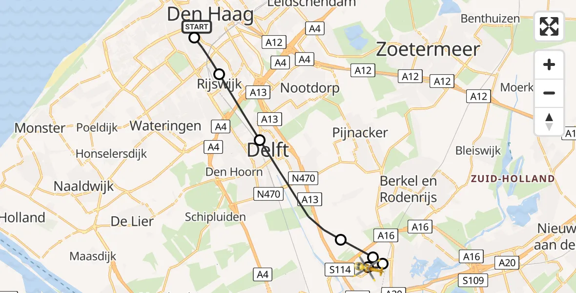 Vluchtroute Traumahelikopter HMC Westeinde Heliport - Rotterdam The Hague Airport, 30 juli 2026, 16:33