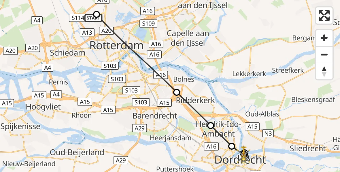 Vluchtroute Traumahelikopter Rotterdam The Hague Airport - Dordrecht, 30 juli 2026, 16:47