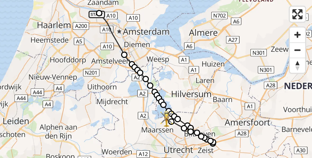 Vluchtroute Traumahelikopter Amsterdam Heliport - Tienhoven, 30 juli 2026, 17:03