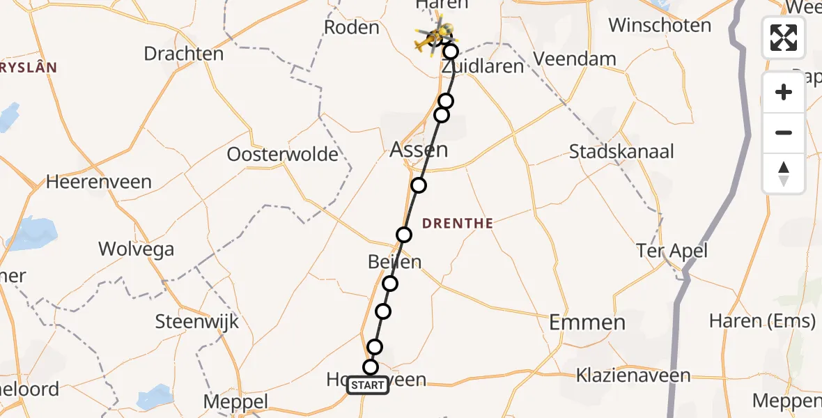 Vluchtroute Traumahelikopter Hoogeveen - Groningen Airport Eelde, 30 juli 2026, 17:20