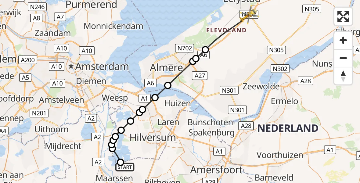 Vluchtroute Traumahelikopter Tienhoven - Lelystad, 30 juli 2026, 17:40
