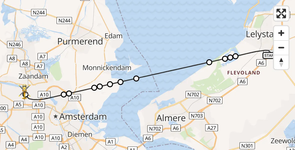 Vluchtroute Traumahelikopter Lelystad - Amsterdam Heliport, 30 juli 2026, 17:58