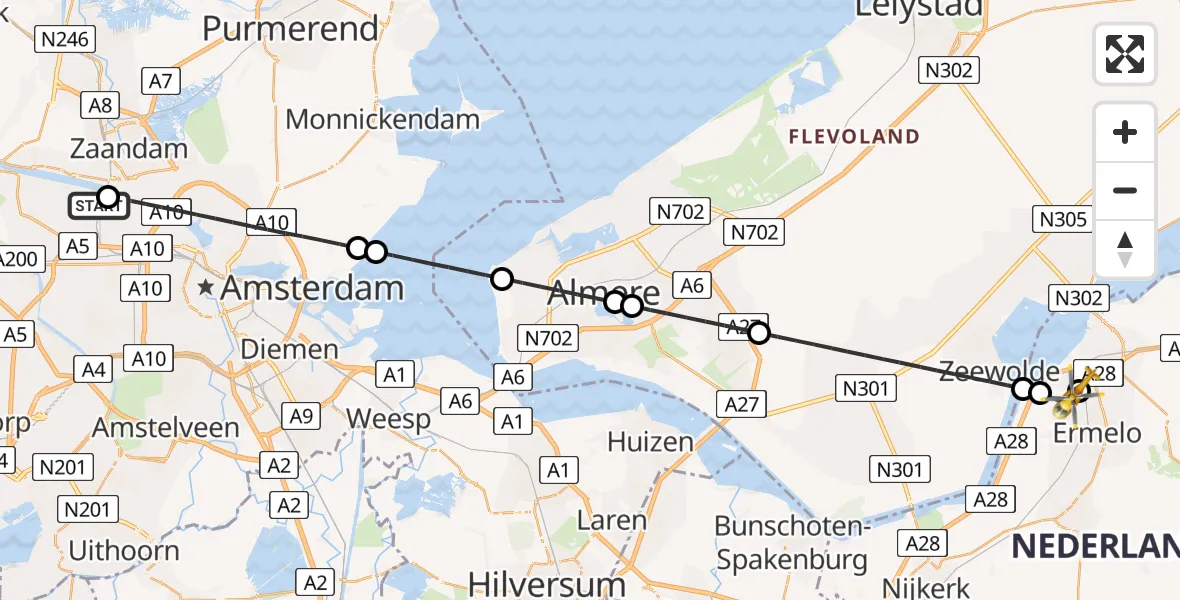 Vluchtroute Traumahelikopter Amsterdam Heliport - Harderwijk, 30 juli 2026, 19:59