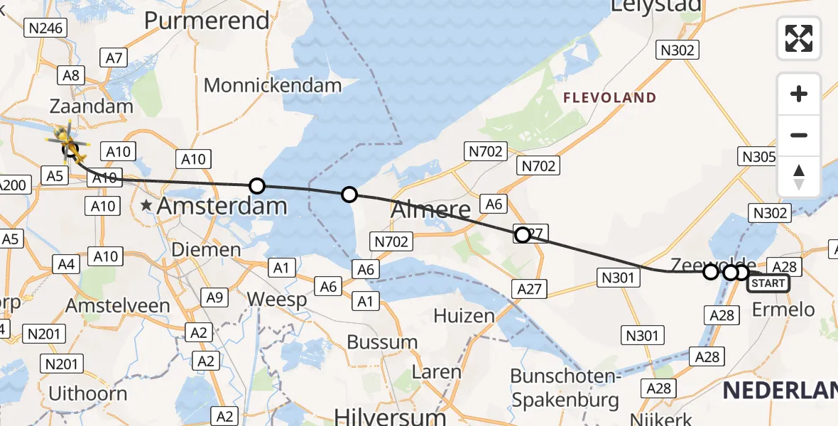 Vluchtroute Traumahelikopter Harderwijk - Amsterdam Heliport, 30 juli 2026, 21:10