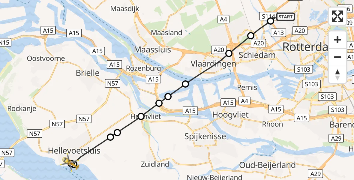 Vluchtroute Traumahelikopter Rotterdam The Hague Airport - Hellevoetsluis, 30 juli 2026, 22:10