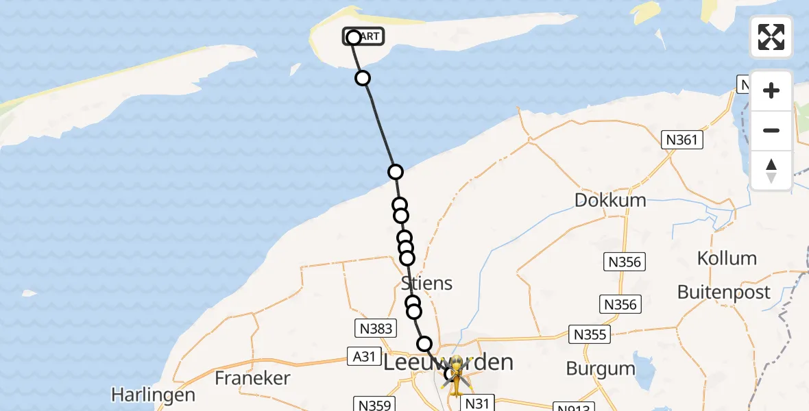Vluchtroute Ambulancehelikopter Ameland Vliegveld Ballum - Leeuwarden Medical Center Heliport, 30 juli 2026, 22:26