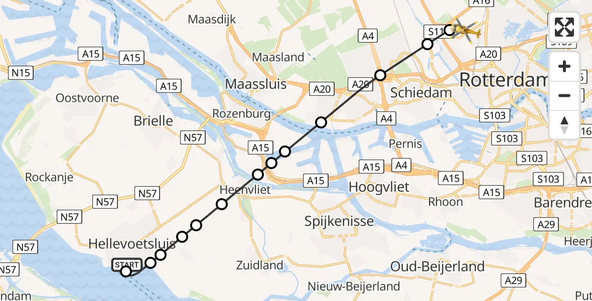 Vluchtroute Traumahelikopter Hellevoetsluis - Rotterdam The Hague Airport, 30 juli 2026, 22:45