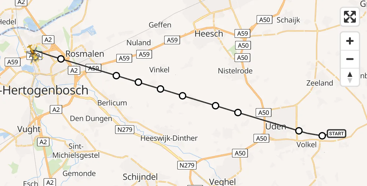Vluchtroute Traumahelikopter Vliegbasis Volkel - 's-Hertogenbosch, 31 juli 2026, 01:38