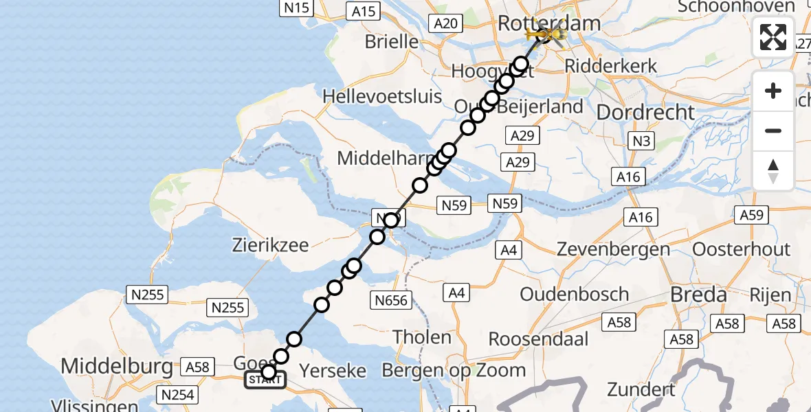 Vluchtroute Traumahelikopter Admiral De Ruyter Hospital Heliport - Erasmus MC, 31 juli 2026, 01:53