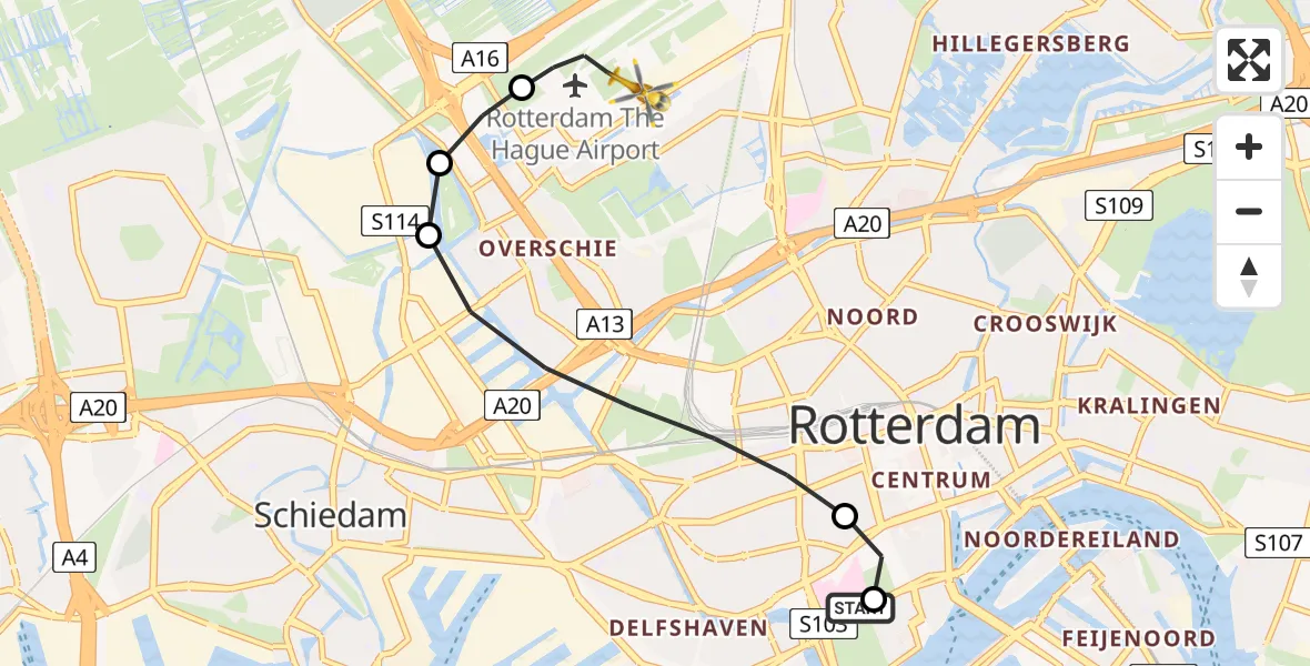 Vluchtroute Traumahelikopter Erasmus MC - Rotterdam The Hague Airport, 31 juli 2026, 02:40