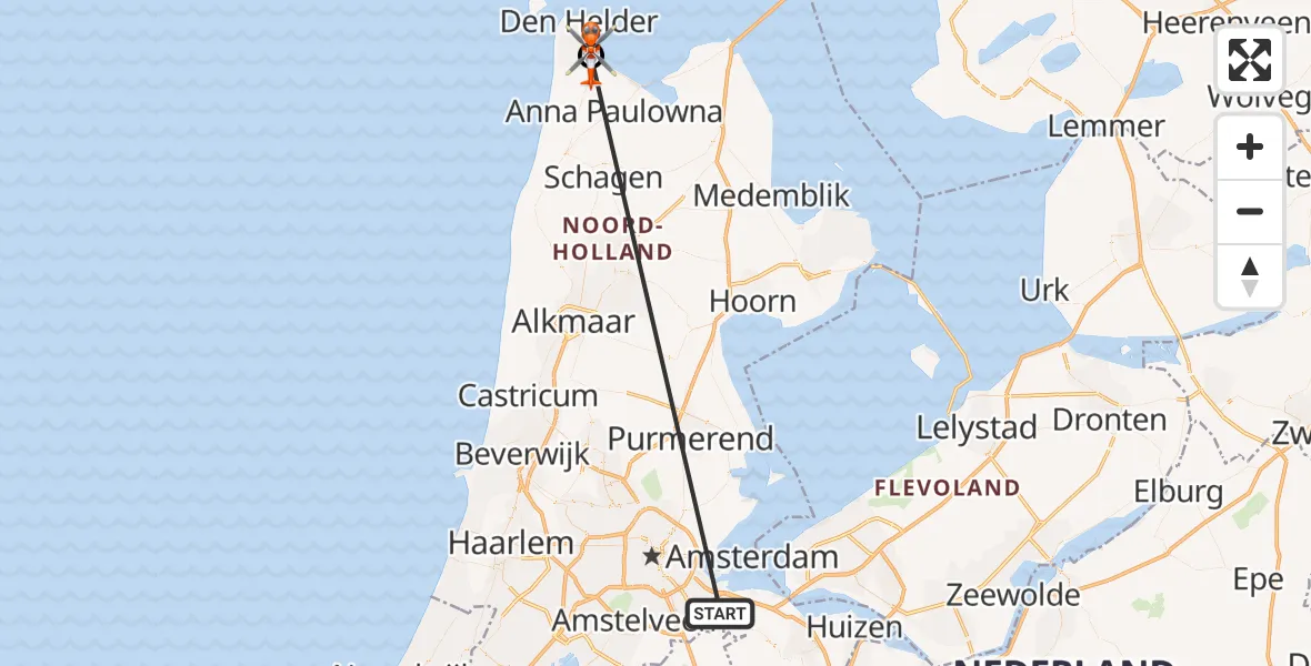 Vluchtroute Kustwachthelikopter Amsterdam - Militair vliegveld De Kooy / Den Helder Airport, 31 juli 2026, 09:28