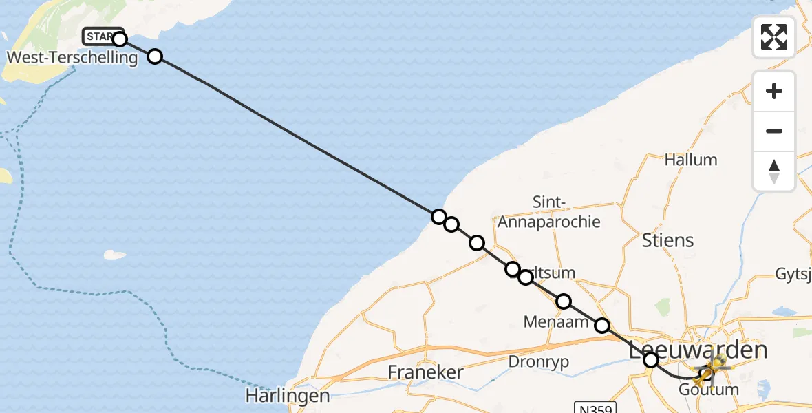 Vluchtroute Ambulancehelikopter West-Terschelling - Leeuwarden Medical Center Heliport, 31 juli 2026, 10:25