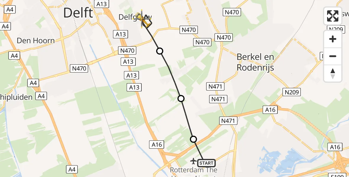Vluchtroute Traumahelikopter Rotterdam The Hague Airport - Delfgauw, 31 juli 2026, 12:56