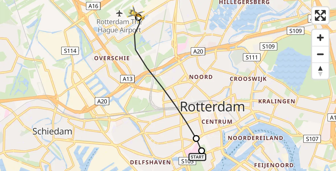 Vluchtroute Traumahelikopter Erasmus MC - Rotterdam The Hague Airport, 31 juli 2026, 14:06