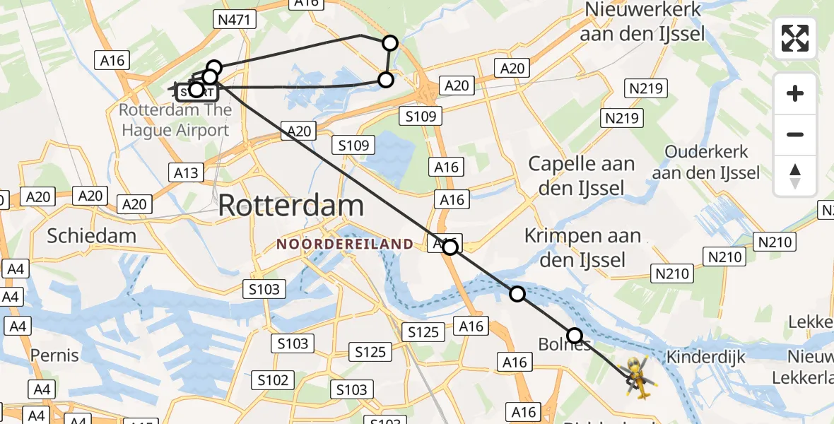 Vluchtroute Traumahelikopter Rotterdam The Hague Airport - Ridderkerk, 31 juli 2026, 18:16