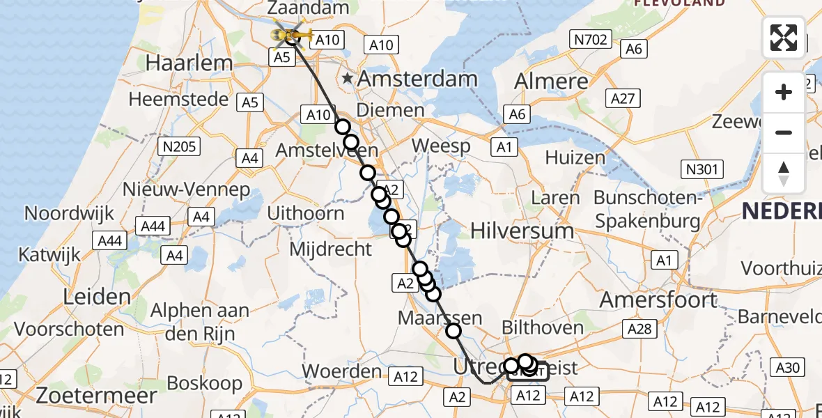 Vluchtroute Traumahelikopter Universitair Medisch Centrum Utrecht - Amsterdam Heliport, 31 juli 2026, 18:17