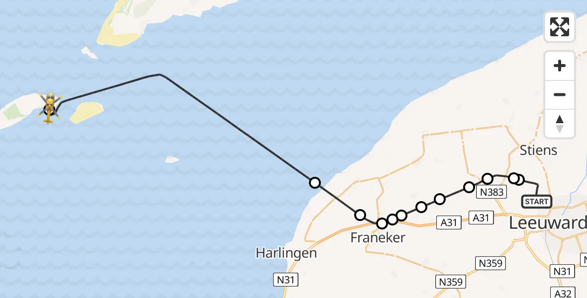 Vluchtroute Ambulancehelikopter Vliegbasis Leeuwarden - Vlieland Heliport, 31 juli 2026, 18:51