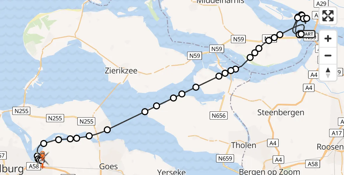 Vluchtroute Kustwachthelikopter Haringvliet - Vliegveld Midden-Zeeland, 31 juli 2026, 22:02