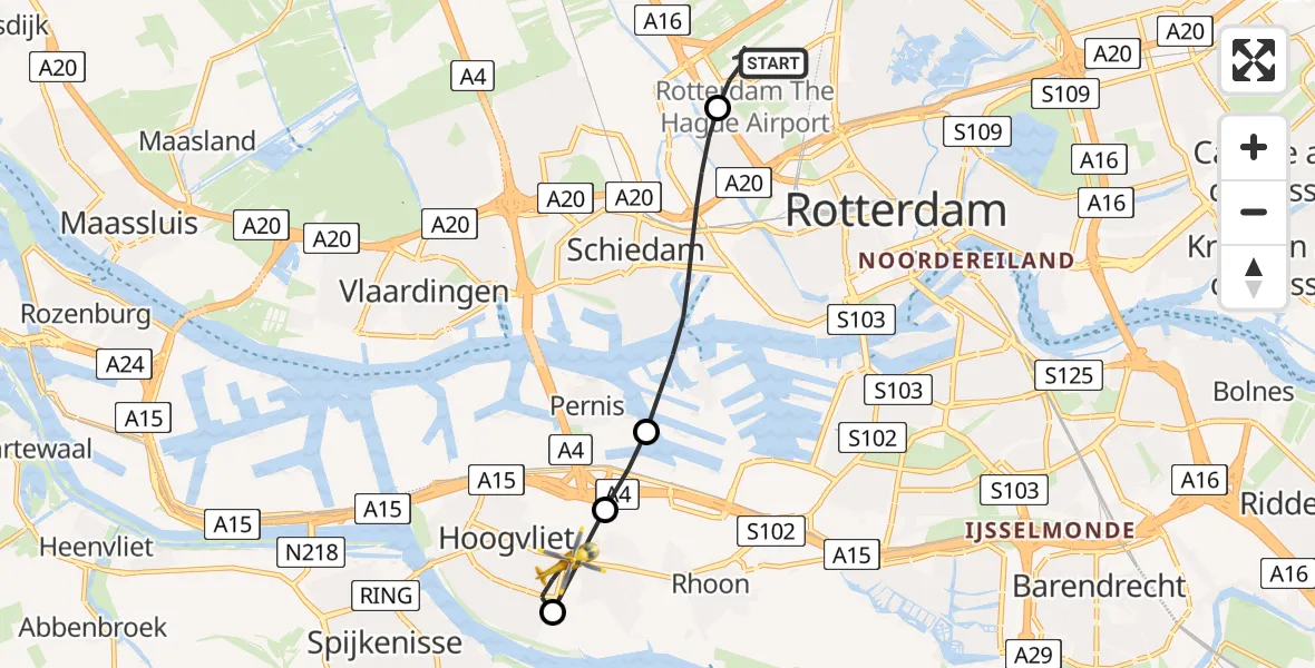 Vluchtroute Traumahelikopter Rotterdam The Hague Airport - Hoogvliet Rotterdam, 31 juli 2026, 22:24