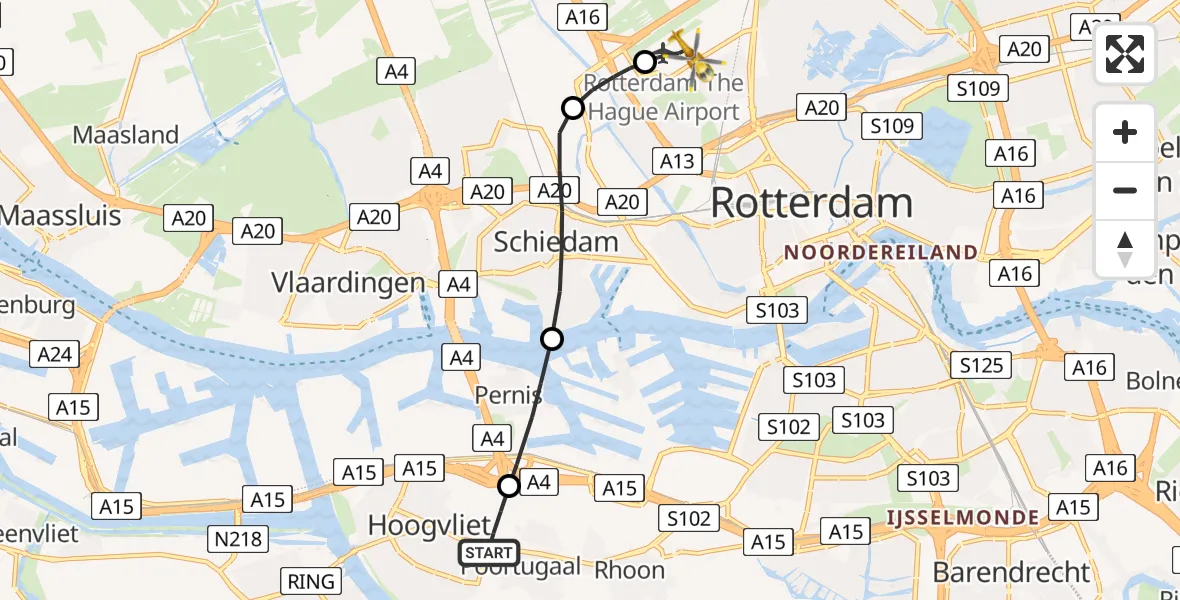 Vluchtroute Traumahelikopter Hoogvliet Rotterdam - Rotterdam The Hague Airport, 31 juli 2026, 23:00