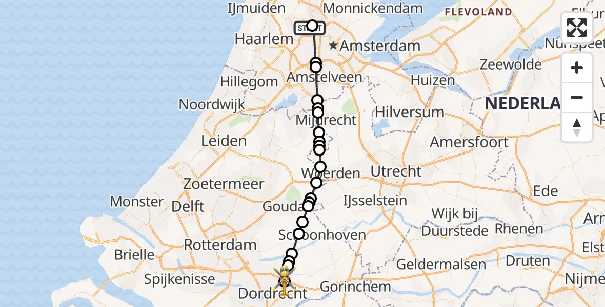 Vluchtroute Traumahelikopter Amsterdam Heliport - Papendrecht, 01 augustus 2026, 03:40
