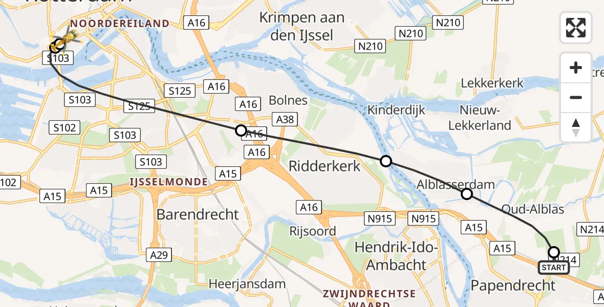 Vluchtroute Traumahelikopter Papendrecht - Erasmus MC, 01 augustus 2026, 04:13