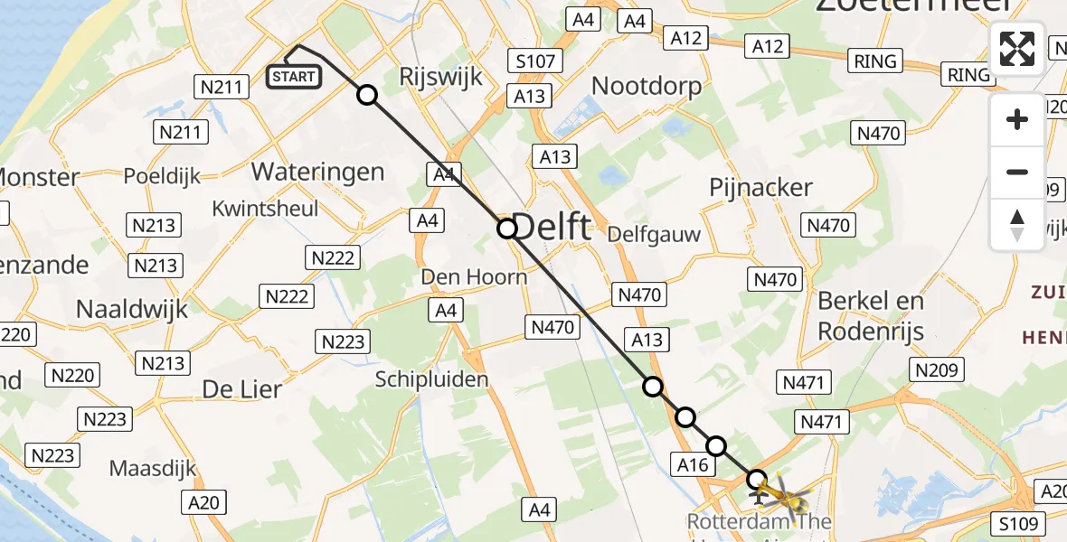 Vluchtroute Traumahelikopter 's-Gravenhage - Rotterdam The Hague Airport, 01 augustus 2026, 06:33