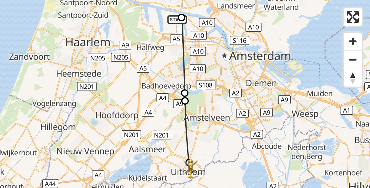Vluchtroute Traumahelikopter Amsterdam Heliport - Uithoorn, 01 augustus 2026, 07:28