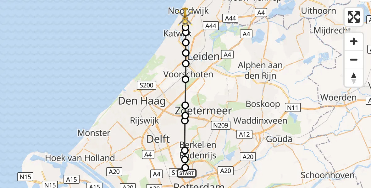 Vluchtroute Traumahelikopter Rotterdam The Hague Airport - Noordwijk, 01 augustus 2026, 08:05