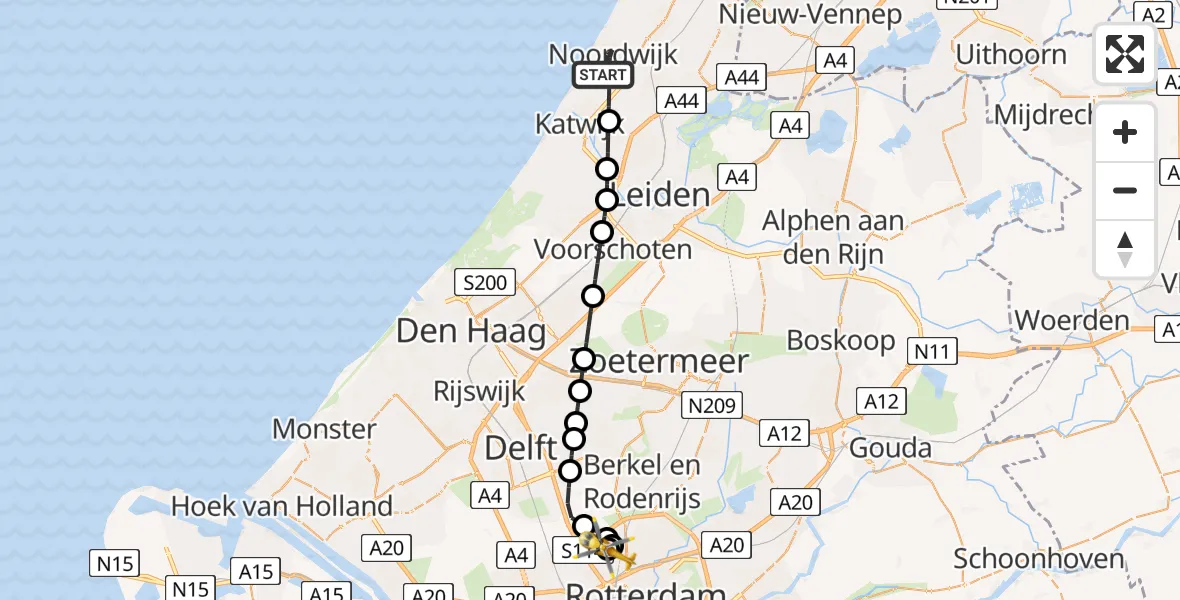 Vluchtroute Traumahelikopter Noordwijk - Rotterdam The Hague Airport, 01 augustus 2026, 08:38
