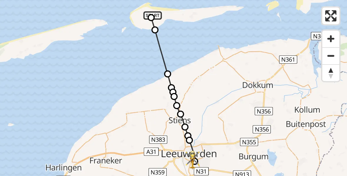 Vluchtroute Ambulancehelikopter Ameland Vliegveld Ballum - Leeuwarden Medical Center Heliport, 01 augustus 2026, 08:49