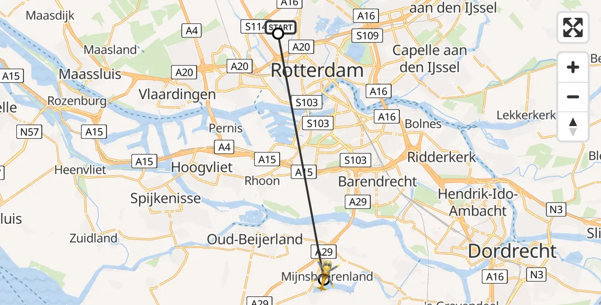 Vluchtroute Traumahelikopter Rotterdam The Hague Airport - Mijnsheerenland, 01 augustus 2026, 09:10