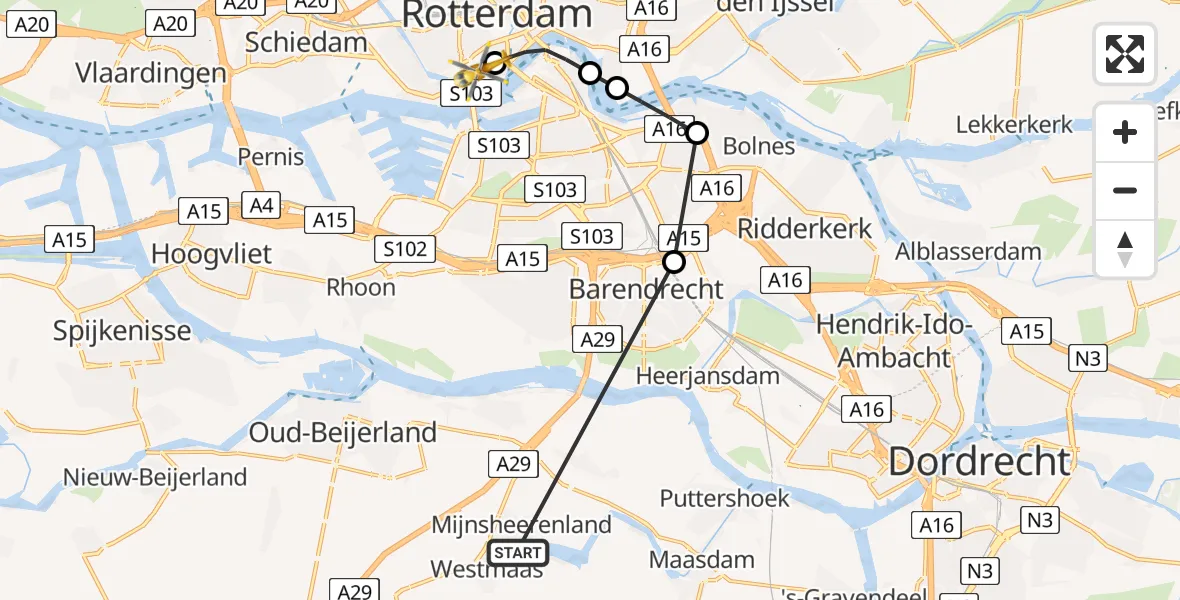 Vluchtroute Traumahelikopter Mijnsheerenland - Erasmus Medisch Centrum Heliport, 01 augustus 2026, 09:43