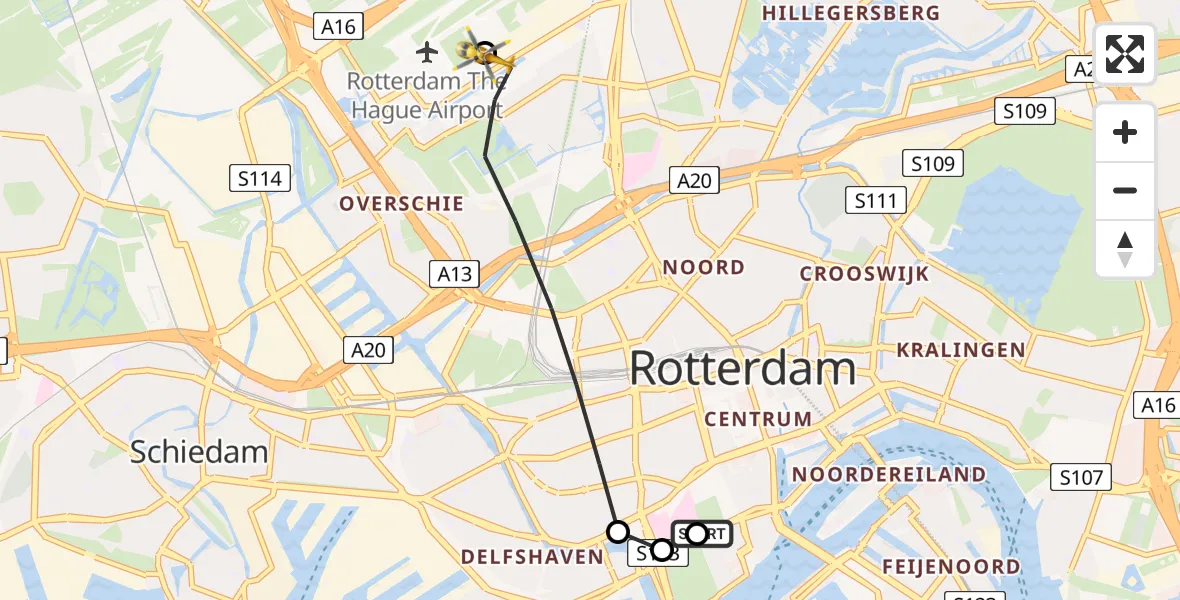 Vluchtroute Traumahelikopter Leids Universitair Medisch Centrum (LUMC) - Rotterdam The Hague Airport, 01 augustus 2026, 10:16