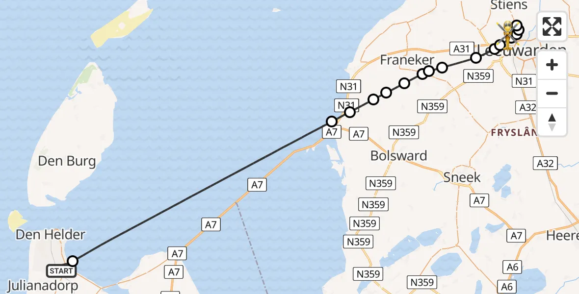 Vluchtroute Ambulancehelikopter Den Helder - Vliegbasis Leeuwarden, 01 augustus 2026, 10:43