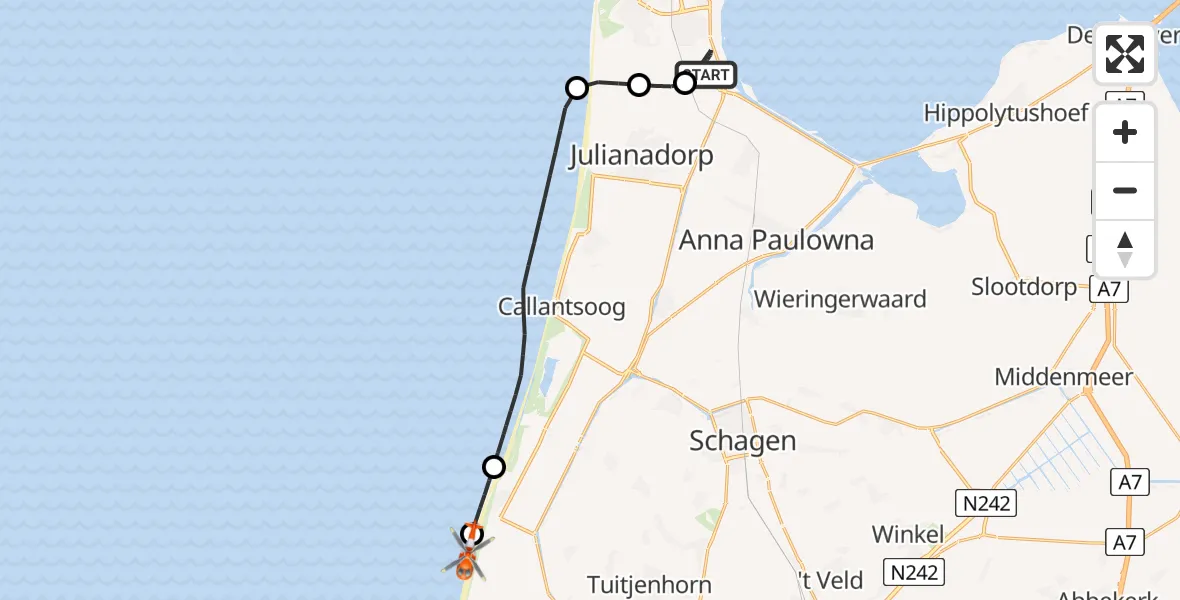Vluchtroute Kustwachthelikopter Militair vliegveld De Kooy / Den Helder Airport - Schoorl, 01 augustus 2026, 12:57