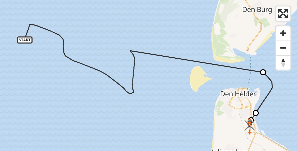 Vluchtroute Kustwachthelikopter Noordzee - Militair vliegveld De Kooy / Den Helder Airport, 01 augustus 2026, 14:12